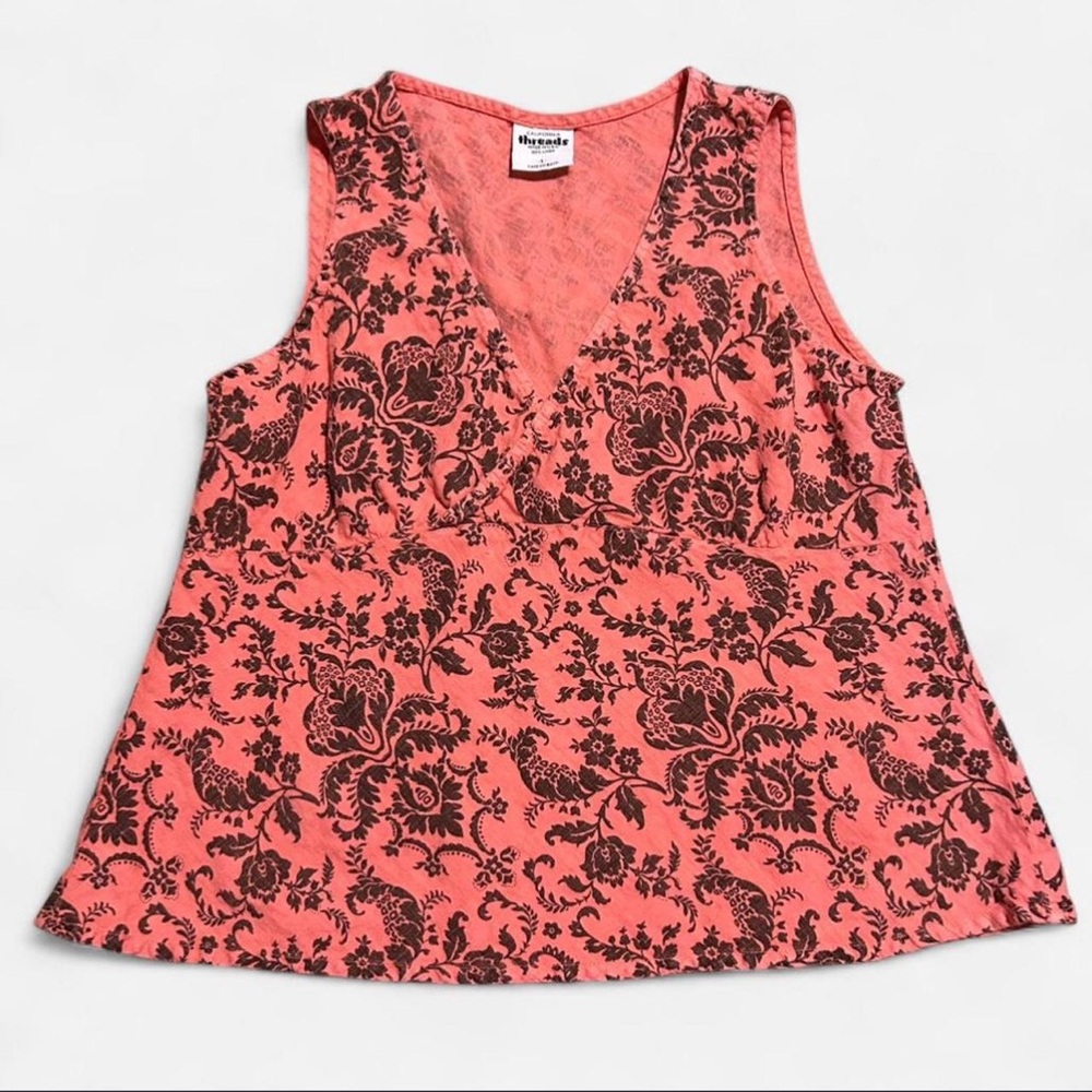 Western Boho Style 100% Linen, Coral Floral Top Breathable Vacation Summer Wear